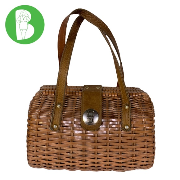 VINTAGE CIRCA 1960'S BROWN RATTAN AND LEATHER BASKET PURSE - Picture 2 of 15